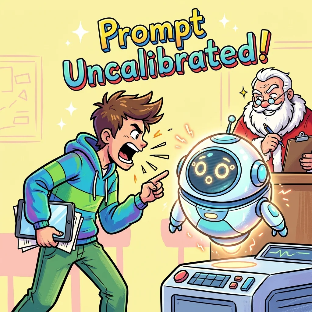 Student Banta shouting at a cute round robot tutor while Teacher Santa watches with a smirk