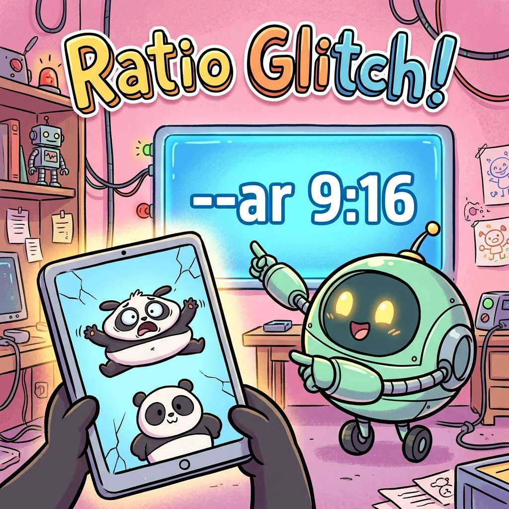 Tutor-Bot pointing to aspect ratio codes while Banta looks at a squished panda cartoon on a tablet