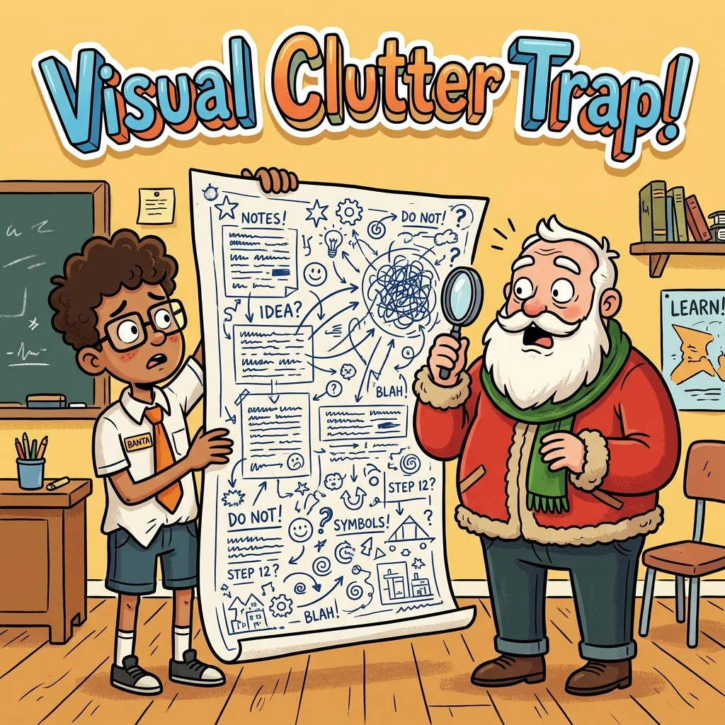 Student Banta holding a giant unreadable blueprint sheet while Teacher Santa watches with a smirk