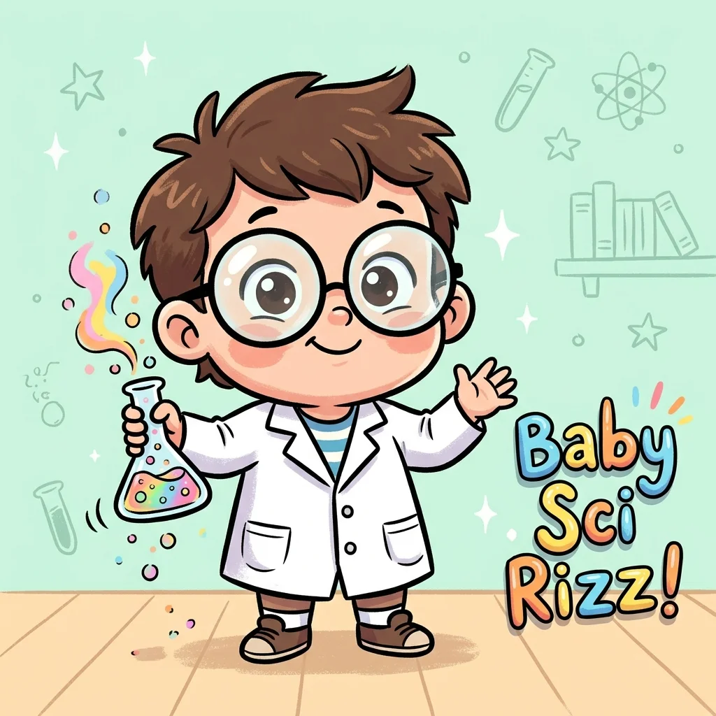 A cute cartoon baby scientist with giant goggles and tiny lab coat holding a colorful beaker
