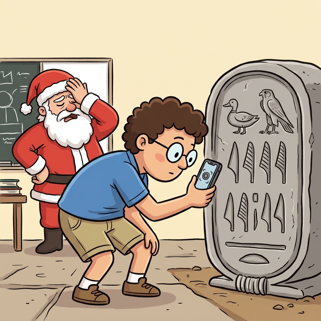Student Banta and Grandpa twisting their necks to stare at an owl hieroglyph on a stone wall