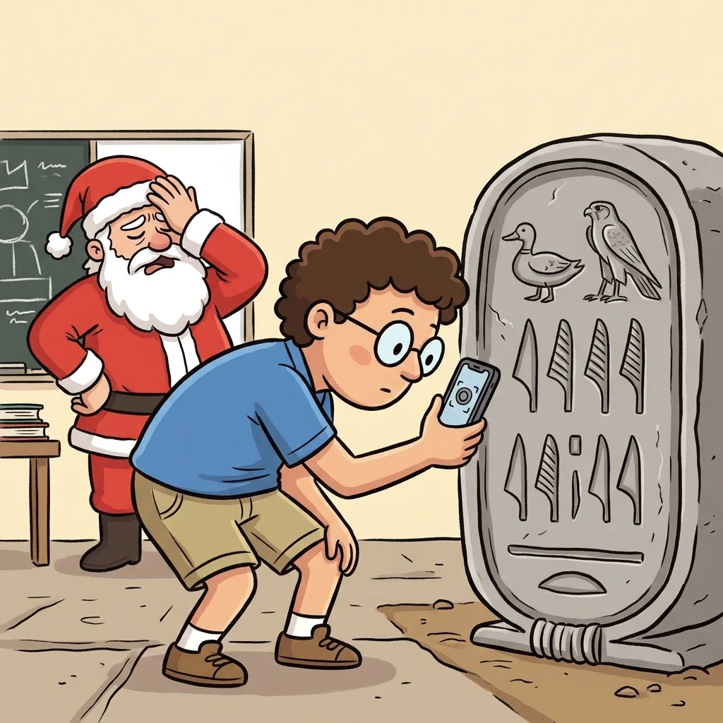 Student Banta and Grandpa twisting their necks to stare at an owl hieroglyph on a stone wall