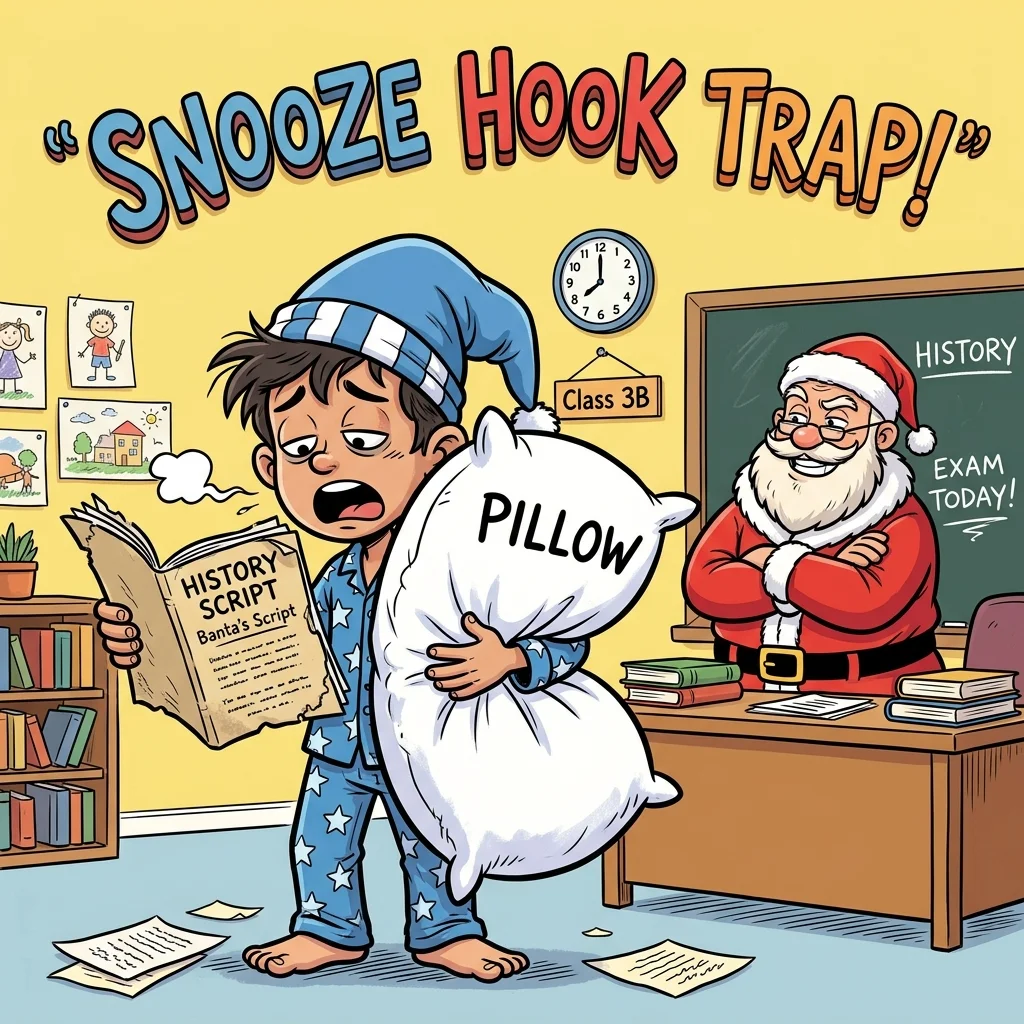 Student Banta wearing a sleeping cap and holding a massive pillow while Teacher Santa smirks