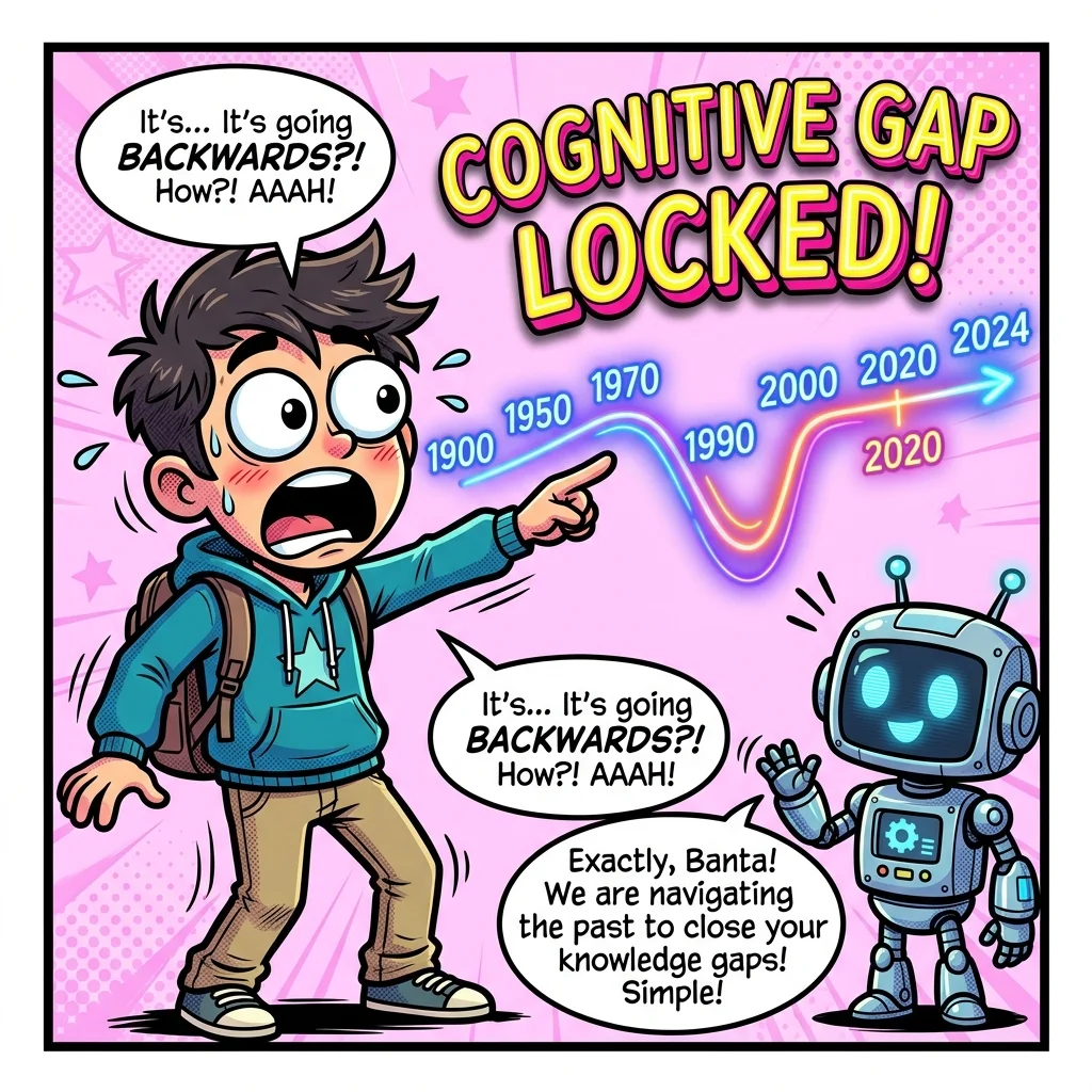 Student Banta comically gasping with giant cartoon eyes while pointing to a timeline running backward