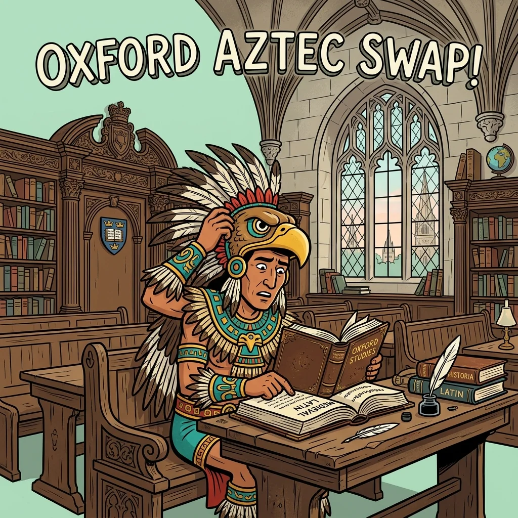 A cartoon Aztec warrior in full eagle outfit awkwardly trying to read a textbook in an Oxford classroom