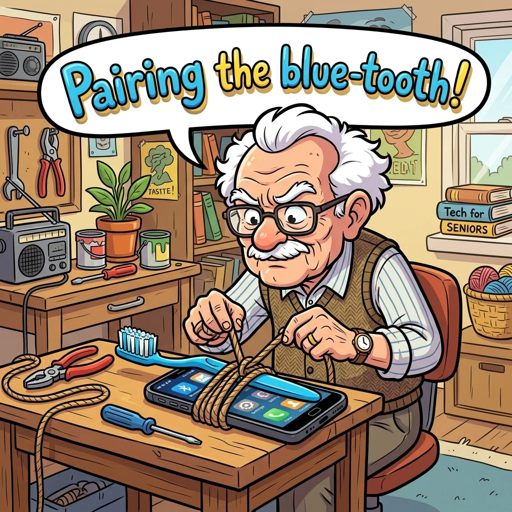 Grandpa tying blue toothbrush to phone
