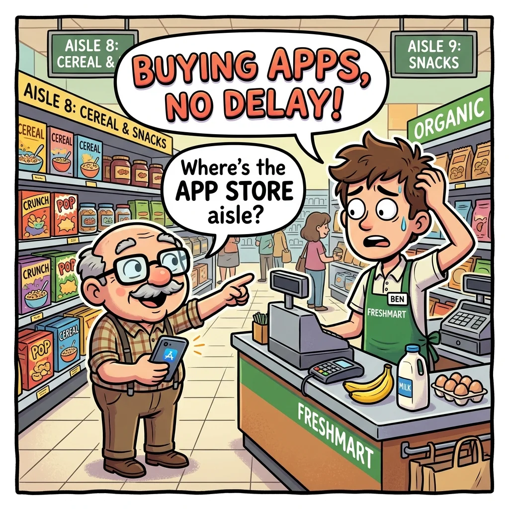Grandpa at grocery store cashier asking for apps