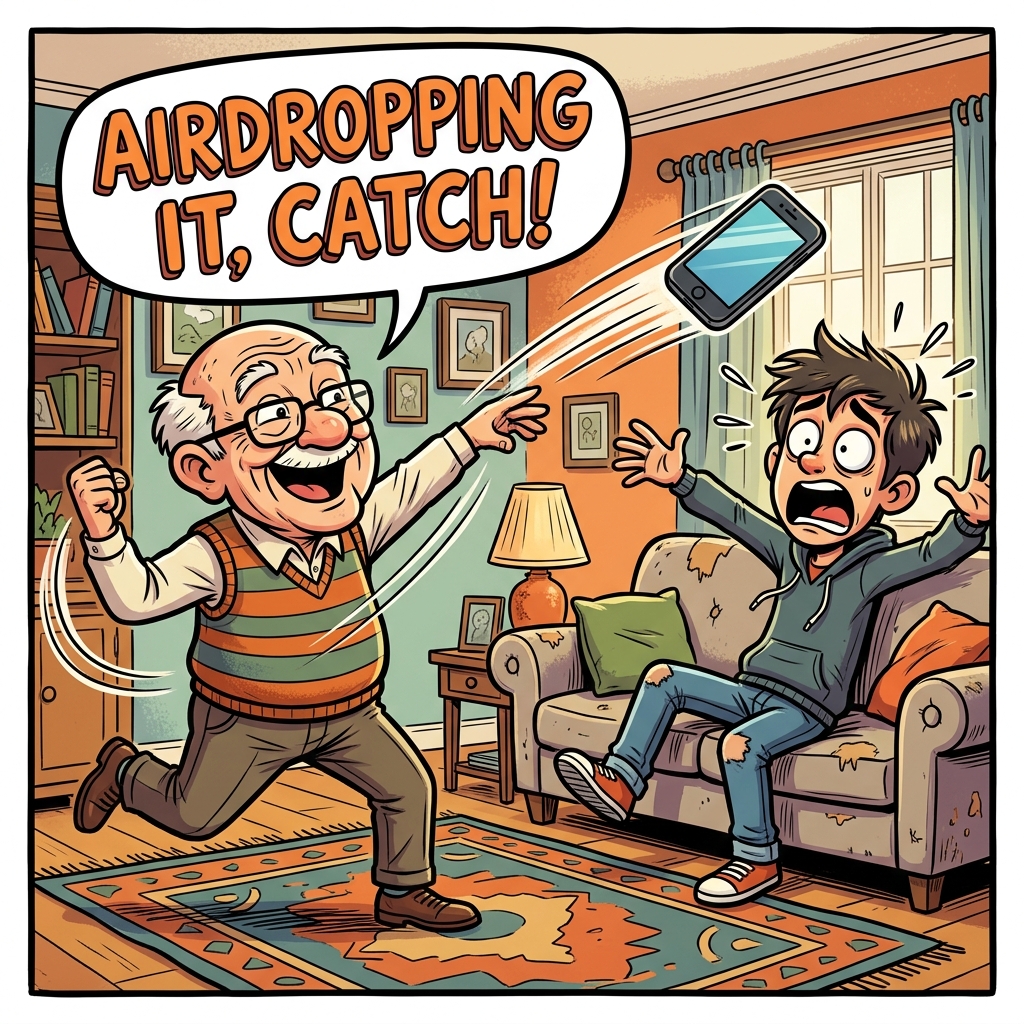 Grandpa throwing phone to grandson