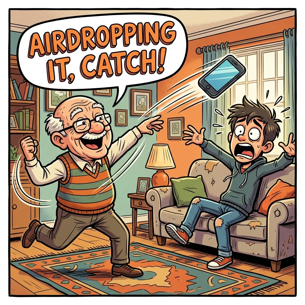 Grandpa throwing phone to grandson