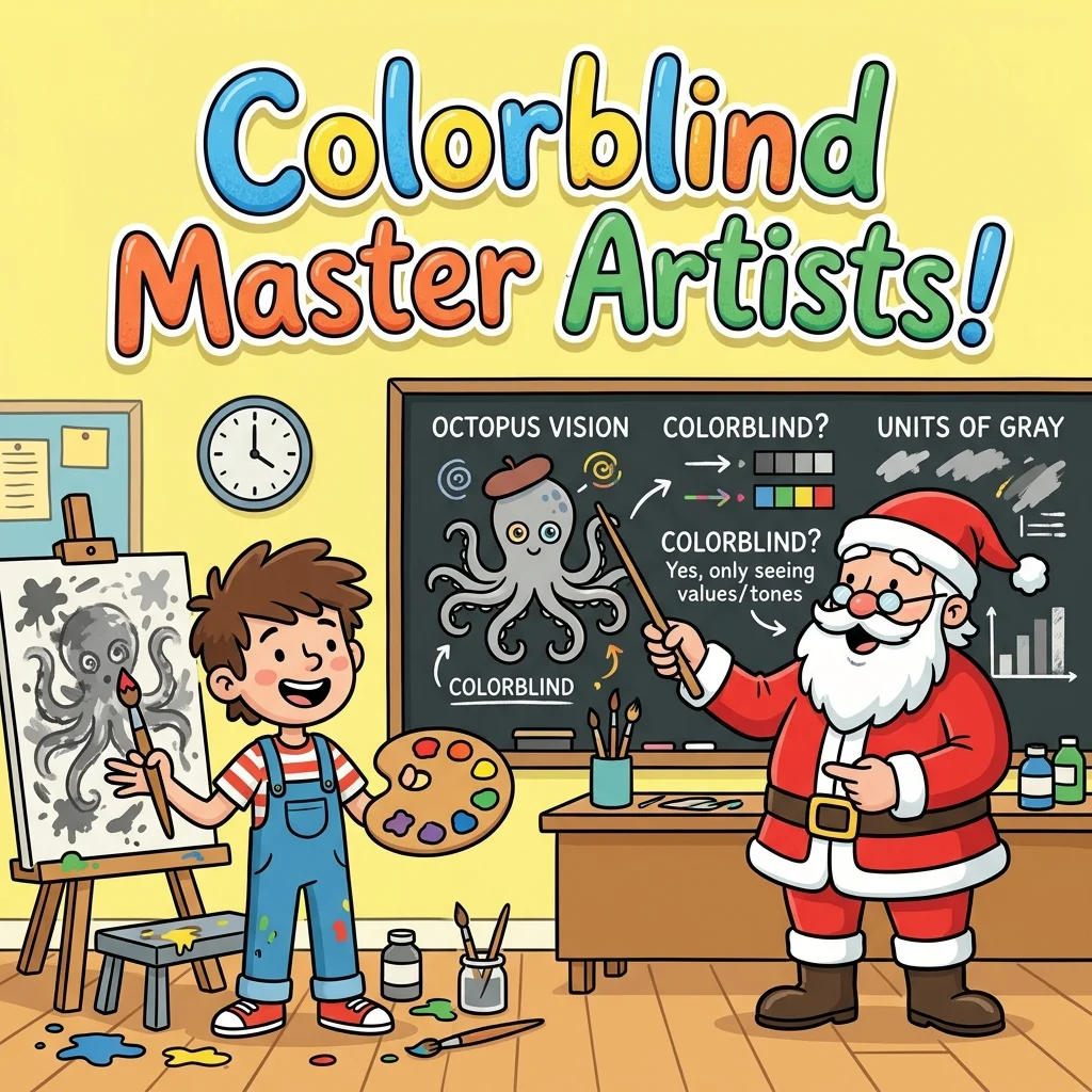Student Banta holding an artist's palette and paintbrush beside a confused octopus