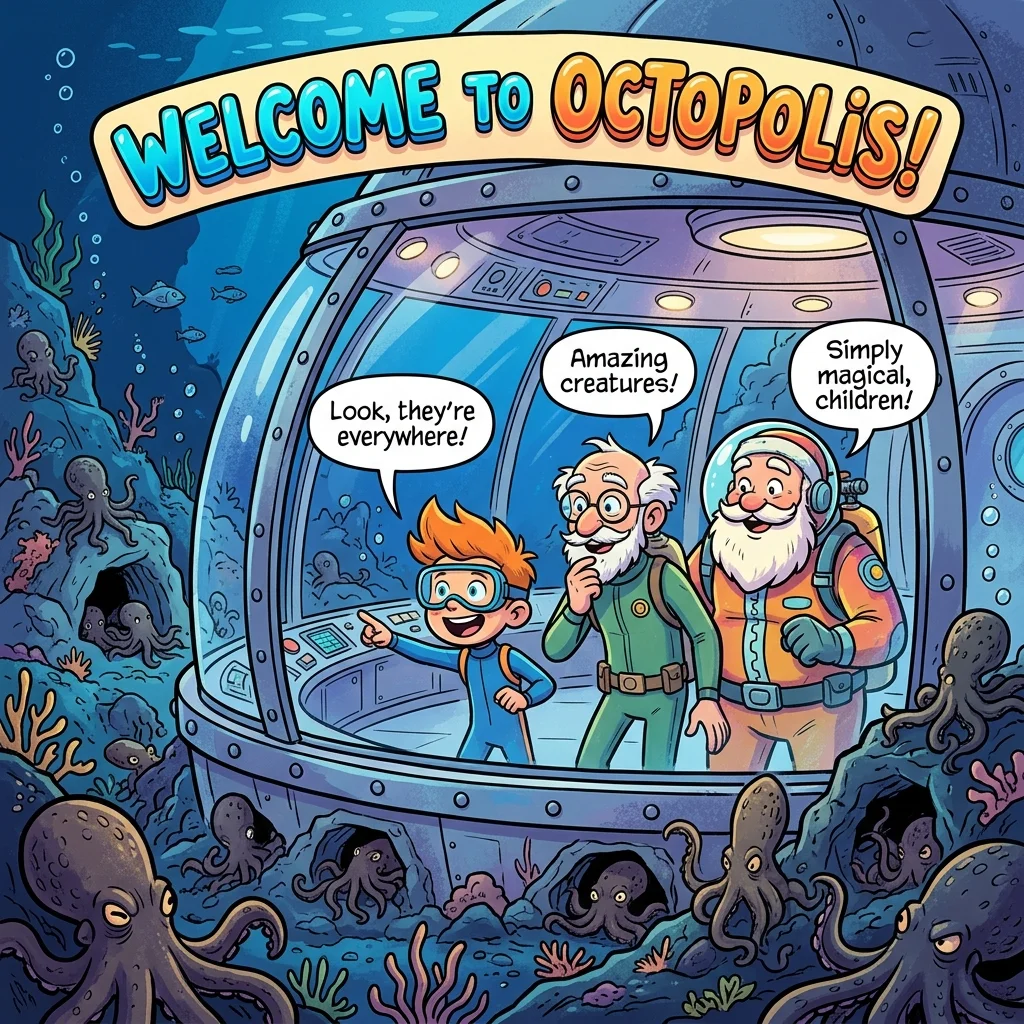 Grandpa pressed flat against an underwater glass viewing dome looking at a colony of octopuses sharing dens