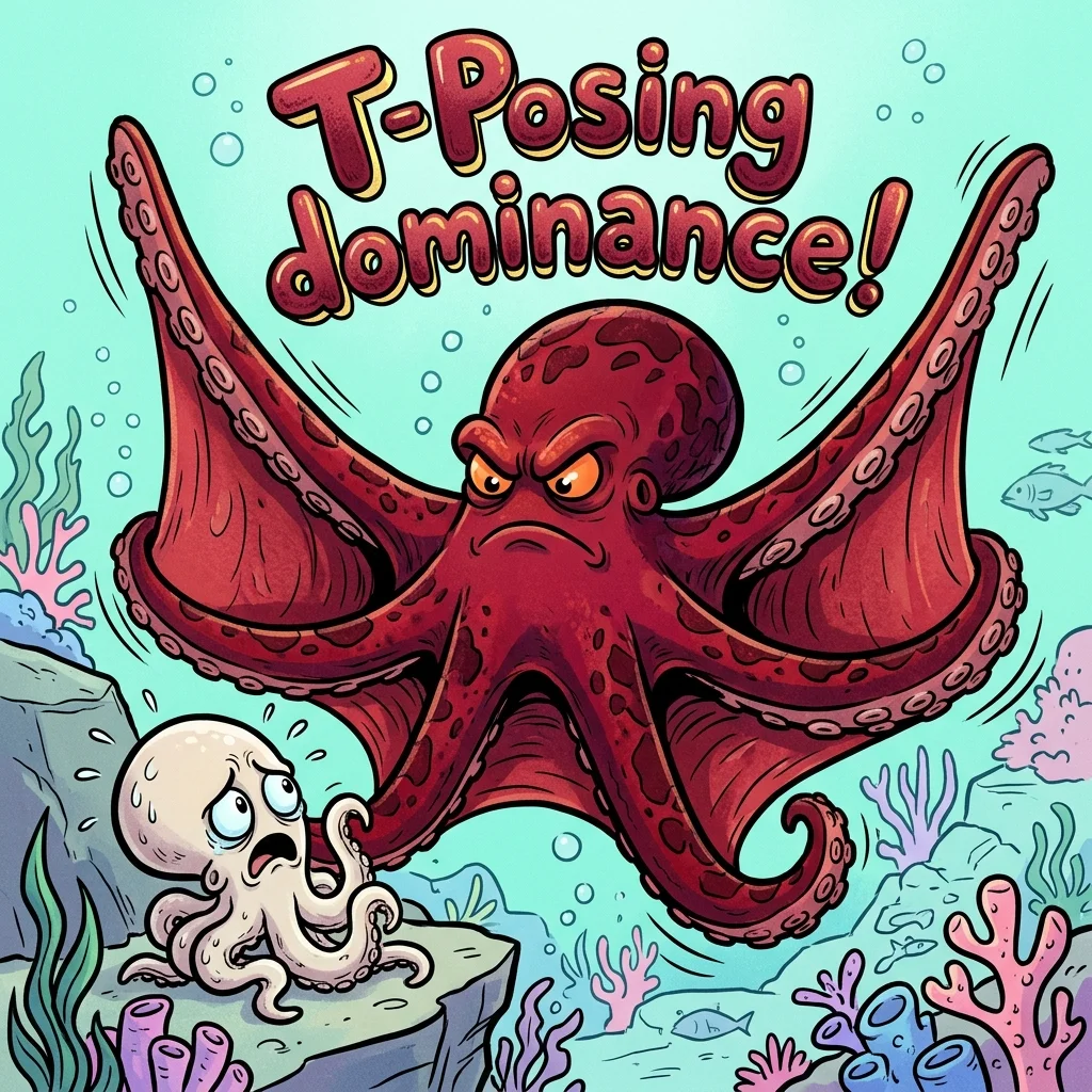 A gloomy octopus turning dark red and spreading its arms wide to assert territorial dominance