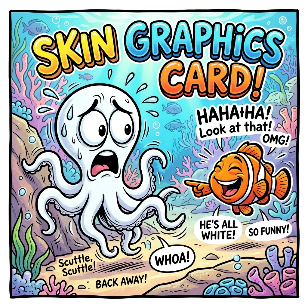 A frightened octopus turning completely chalk-white and comically retreating